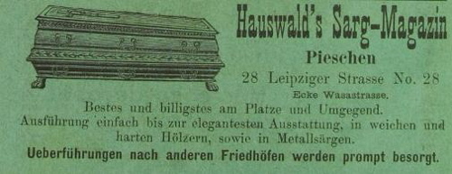 Werbung für Sarggeschäfte. Quelle: Wohnungs- und Geschäftshandbuch für Pieschen, 1895/1896