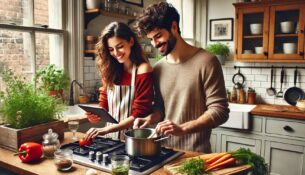 Paar beim Kochen nach Rezept - Foto: KI