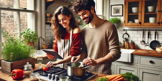 Paar beim Kochen nach Rezept - Foto: KI