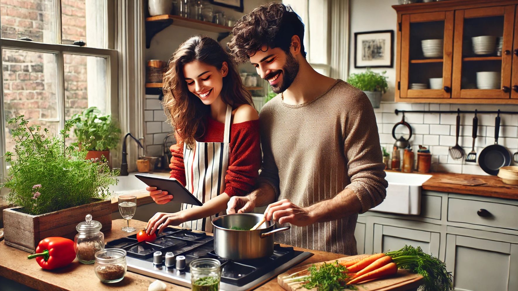 Paar beim Kochen nach Rezept - Foto: KI