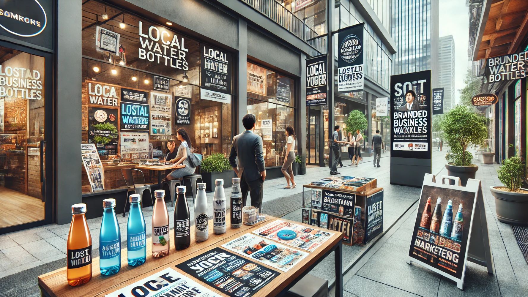 Wasserflaschen einfach mit Werbung bedrucken lassen. Foto: KI