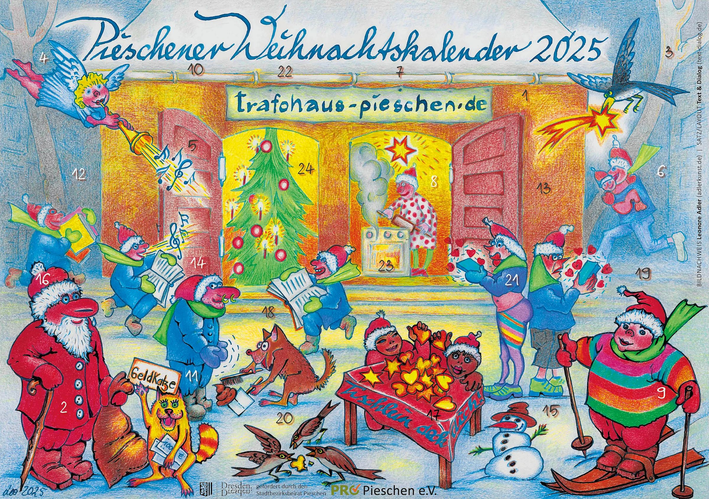 Den Pieschener Adventskalender 2025 kann man sich auch ins Wohnzimmer hängen. Erhältlich ist er u.a. beim Verein Pro Pieschen auf der Oschatzer Straße. Quelle: Leonore Adler, Verlag Text & Dialog