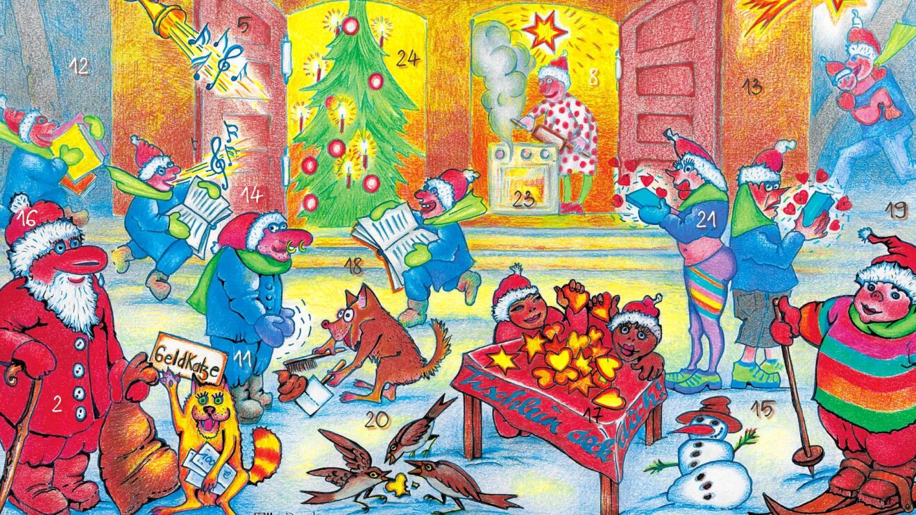 Den Pieschener Adventskalender 2025 kann man sich auch ins Wohnzimmer hängen. Erhältlich ist er u.a. beim Verein Pro Pieschen auf der Oschatzer Straße. Quelle: Leonore Adler, Verlag Text & Dialog